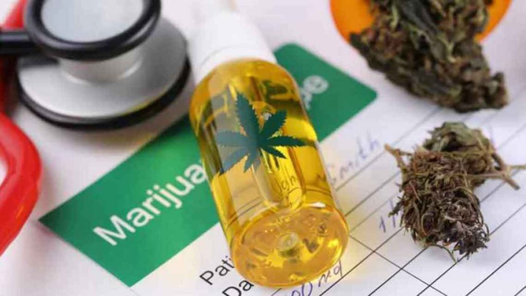 Cannabis oil, flower and a stethoscope