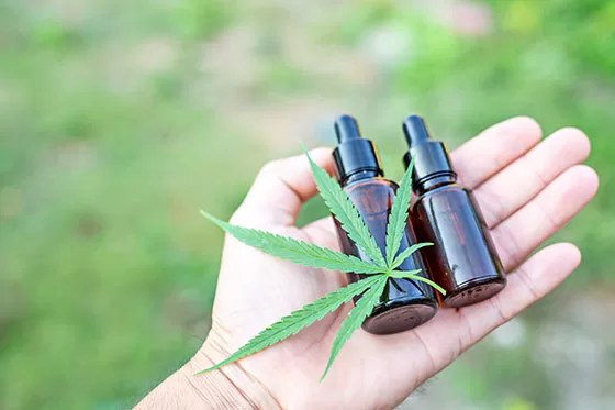 Cannabis extract liquid bottles in the palm of a hand, with marijuana leaf.