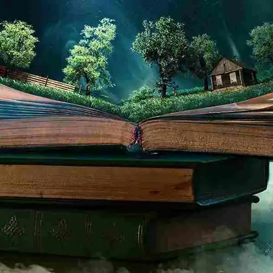 Open book with a creative landscape on top of it