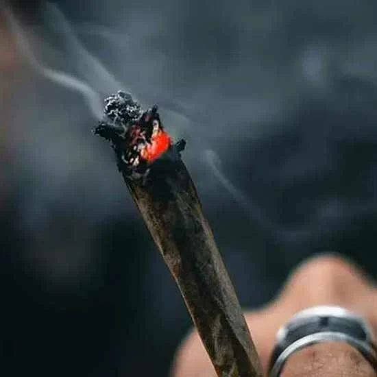 Closeup of a dark smoking joint of marijuana