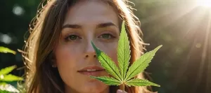 Backlit image of young blonde lady holding a large cannabis leaf.