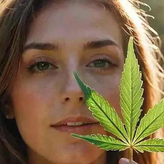 Young woman with a large cannabis leaf