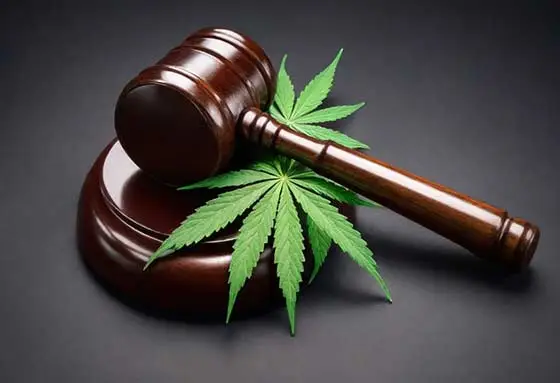 Legal hammer and cannabis leaf.