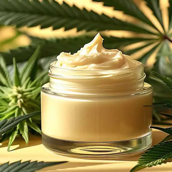 A cannabis topical product, with leaves behind it
