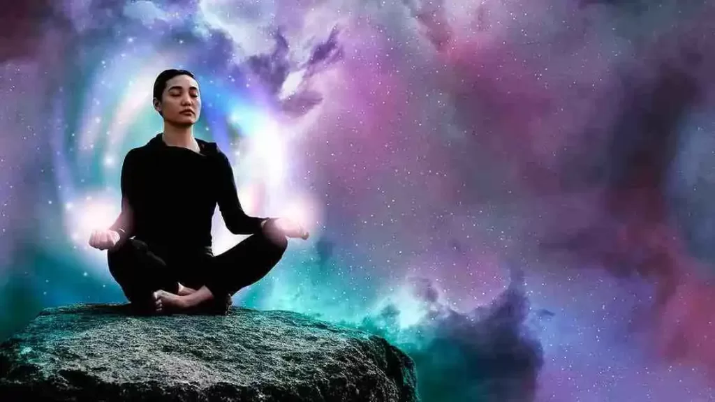 Lady in a yoga meditative pose against a colorful AI background.