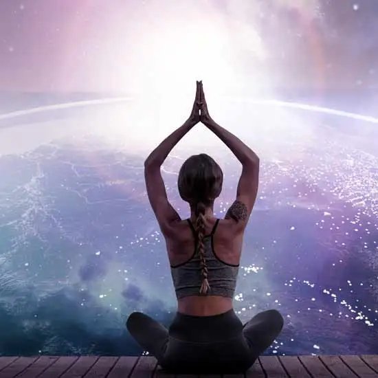 Back view of a woman in a yoga pose against an AI background.