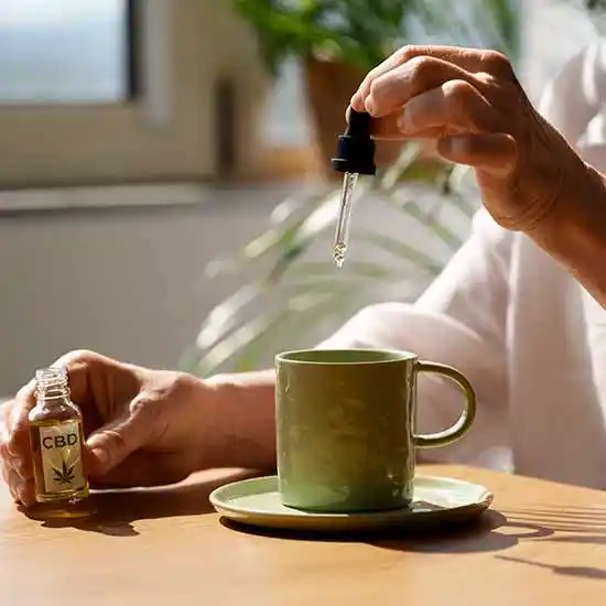 Cannabis and Aging - an elderly looking hand adding CBD drops into a cup.