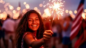 Young woman celebrating Independence Day with firecrackers