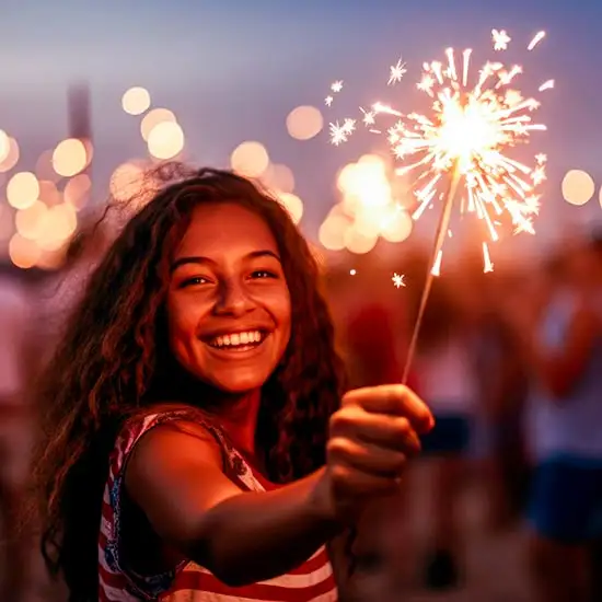 Young woman celebrating Independence Day with firecrackers