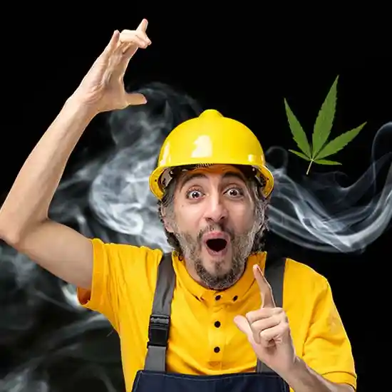 Man in hard hat with smoke behind him, and a cannabis leaf