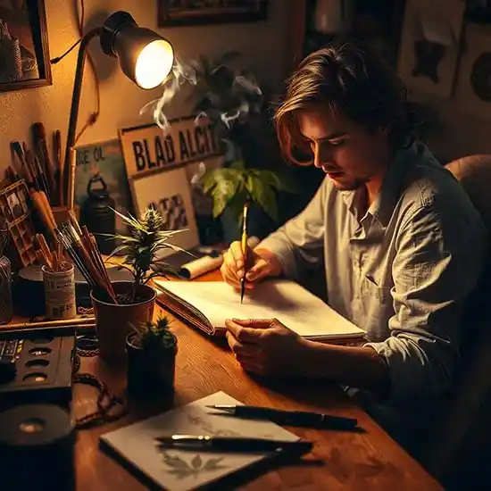 Young man working at his desk in lamp light, with a small cannabis plant on the surface.