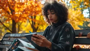 Young lady in cannabis themed shirt studying a book. Creativity with cannabis sometimes do go hand in hand!