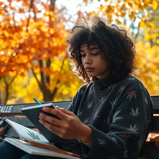 Young lady in cannabis themed shirt studying a book. Creativity with cannabis sometimes do go hand in hand!