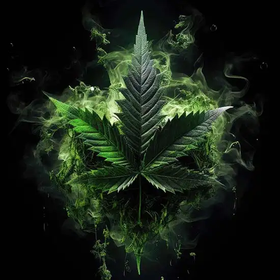 Graphic image of a cannabis leaf and green smoke against a black background, depicting creativity with cannabis.