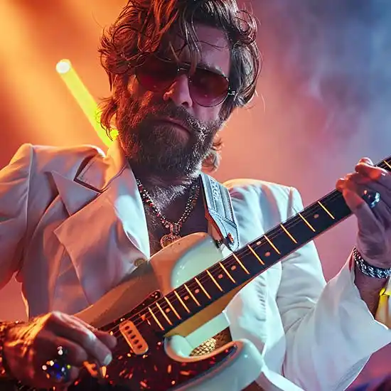 Rock musician with a guitar in stage lighting.