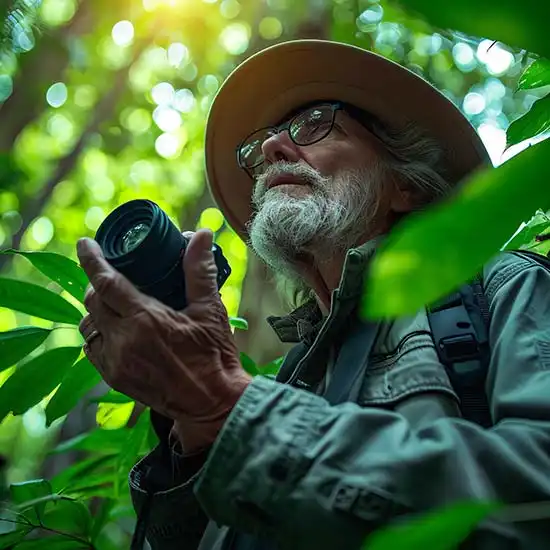 Elderly photographer in a hat in thick green foliage.