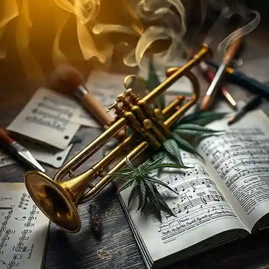 A trumpet in a smoky atmosphere, with music notes book depicting creativity with cannabis.