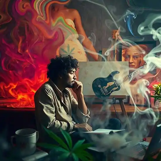 Artist sitting in thought amidst his creations in a smoky atmosphere. Creativity with cannabis is an option for many!