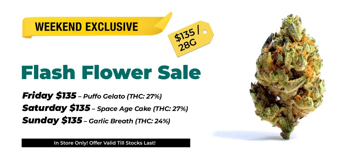 Weekend Exclusive - flash flower sale $135 Top Shelf 28 grams Friday $135 – Puffo Gelato (THC: 27%) Saturday $135 – Space Age Cake (THC: 27%) Sunday $135 – Garlic Breath (THC: 24%)