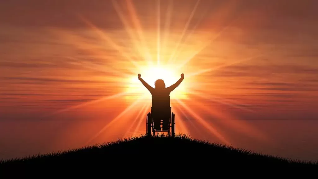 Silhouette of person in wheelchair with raised hands against a twilit sky, signifying the overcoming of disabilities.