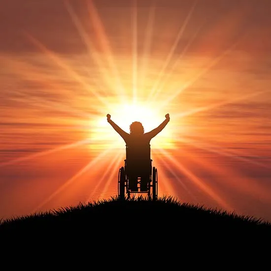 Silhouette of person in wheelchair with raised hands against a twilit sky, signifying the overcoming of disabilities.